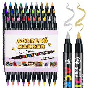 【特価商品】アクリルマーカーペン、アクリルペイントペン、60色、ソフト双頭ペン、ホワイトゲルペン1本付き、プラスチック/布/バッグ