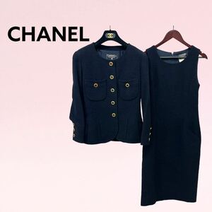 高級 ハンガー付き CHANEL シャネル 手書きタグ ヴィンテージ 金ボタン ウール混 ツイード ノーカラージャケット＆ワンピース セットアップ