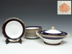 昭和レトロ オールド 東洋陶器 金彩 コバルト チュリーン 1個 スープ皿 12枚 1930～40年頃 洋食器 西洋美術 陶磁器　z5494t