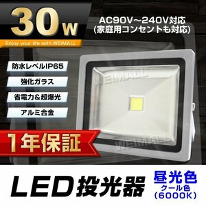 【1年保証】 LED 投光器 30W 300W相当 昼光色 作業灯 集魚灯 看板灯 看板 照明 防犯 ライト 省エネ 防水 プラグ付 3m 家庭用電源