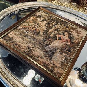 湯布院アンティーク ヴィンテージ イタリア製 額入り ゴブラン織り　タペストリー絵画 壁飾りサイズ26×26