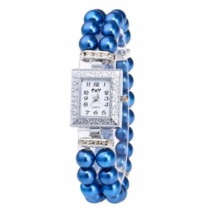 【 送料当社負担 】腕時計 アナログ クォーツ パール 真珠 シンプル カラフル宝石 ブレスレット 4カラー　B07B029B　【 3. ブルー 】