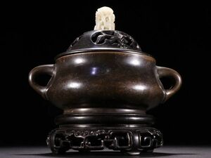 【瓏】古銅鏨刻彫 素面蚰龍耳香薰炉 大明宣徳年製 銅器 古賞物 中国古玩 蔵出