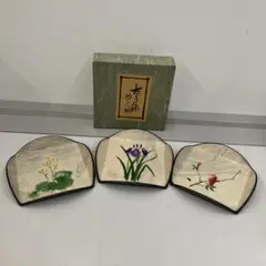 昭和レトロ ちぎり絵 めいく皿 フラワー 花柄 3枚セット売り 伝統工芸品 和皿