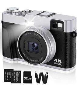 4K デジタルカメラ ダイヤル付き 48MP ビデオログカメラ 写真/ビデオ用 オートフォーカス 揺れ防止 バッテリー2個 16倍ズーム