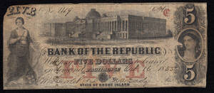 アメリカ南北戦争期紙幣 共和国銀行 5ドル（1855）[517]