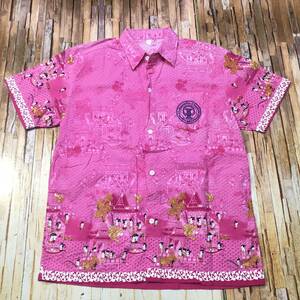 即決・クリックポスト発送・タイで購入したお寺脇の水上マーケットの光景のプリント入り半袖シャツ・ピンク・M