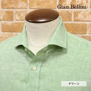 1円/春夏/Gian Bellini/Lサイズ/イタリー製シャツ 清涼 リネン 涼しい 無地 カッタウェイ 胸ポケット 長袖 新品/緑/グリーン/gd118/