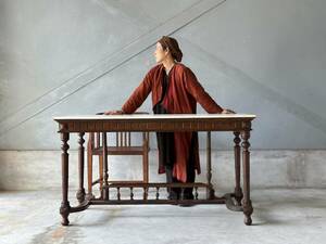テーブル アンティーク チーク材 ダイニングテーブル　無垢材　アンティーク家具 古家具　インテリア　ディスプレイ　大理石　天板　天然石