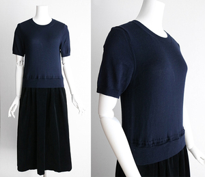 COMME des GARCONS SHIRT ギャルソンシャツ◆ニットトップス＆ベルベットスカート ドッキングワンピース (紺×黒 Sサイズ)ドレス◆ZX7