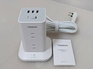 【一円スタート】TESSAN 電源タップ タワー mini型 2m 延長コード 8個AC コンセント 3USBポート付き 「1円」IKE01_1371