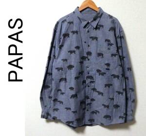 PAPAS パパス 総柄 犀 サイプリント 長袖 シャンブレーシャツ 50/L 紺 ネイビー 