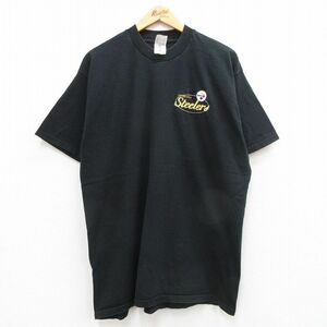 XL/古着 フルーツオブザルーム 半袖 ビンテージ Tシャツ メンズ 00s NFL ピッツバーグスティーラーズ ロング丈 コットン クルーネック 黒