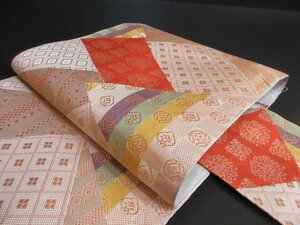 1円 良品 正絹 名古屋帯 和装 和服 本場筑前博多織 裂取 有職文様 六通柄 九寸帯 長さ368cm【夢職】★★★