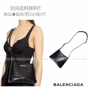 J902.. BALENCIAGA バレンシアガ ショルダーバッグ ストラップ クロコ型押し BB ロゴ イタリア製 ★ 1000 ブラック