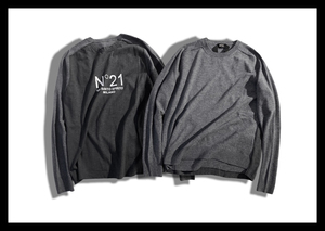 定価6.9万 N°21 ヌメロ ヴェントゥーノ バックシャンで魅せるロゴデザインバックTシャツドッキング クルーネック ウールニット 長袖 N21