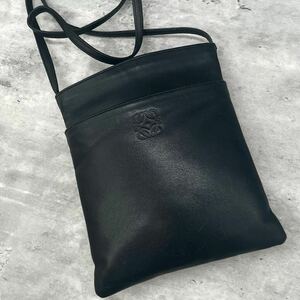 1円【美品】LOEWE ロエベ ショルダーバッグ サコッシュ ポシェット メンズ レディース ビジネス レザー 斜め掛け アナグラム ブラック 黒