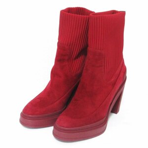 美品 HERMES エルメス BOTTINES VADROUILLE スエード×リブニット チャンキーヒール アンクルブーツ サイズ36 約23cm レッド