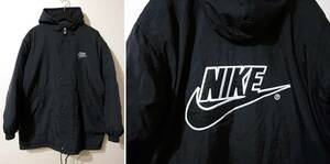 美品 NIKE ナイキ 90s 銀タグ 中綿 フーデッド ナイロン BIG SWOOSH コーチジャケット M 黒 デカロゴ スウッシュ フード vintage 00s Y2K