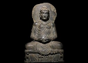 【清】某有名収集家買取品 ガンダーラ美術・時代物 灰色片岩 釈迦王子造像 欠損あり 極細工 細密毛彫 仏教古美術
