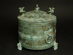 B-694 漢銅器 古美術 銅製 骨董品 古玩 青銅 蓋物 香炉 時代物 21.0cmX21.0cm 20.0cm