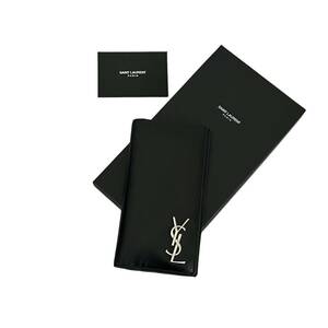 早い者勝ち Yves Saint Laurent イヴサンローラン 二つ折り 長財布 YSL レザー ブラック 黒 男女兼用