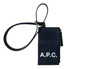 A.P.C. (アーペーセー) ストラップ付き カードケース コインケース デニム×レザー CODDP M63527 IAK ブラック×インディゴ ウィメンズ/036