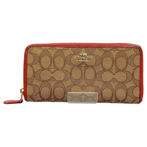 〇〇 COACH コーチ シグネチャー アコーディオン ジップ アラウンド 長財布 F54633 ベージュ×レッド やや傷や汚れあり