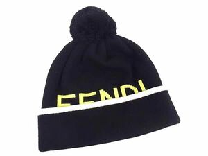 1円 ■極美品■ FENDI フェンディ ウール100％ ニット帽 ニットキャップ 帽子 メンズ レディース ブラック系×グリーン系 FA1210