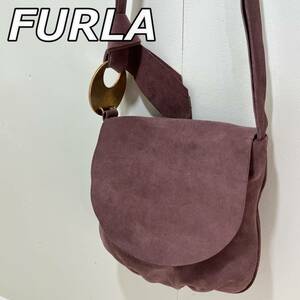 【FURLA】フルラ イタリア製 スエードレザー フラップ式 ショルダーバッグ 斜め掛けかばん 紫 パープル レディース