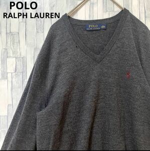 POLO RALPH LAUREN ポロ ラルフローレン 長袖 ニット セーター ポニー シンプルロゴ ワンポイント 刺繍ロゴ S チャコールグレー Vネック