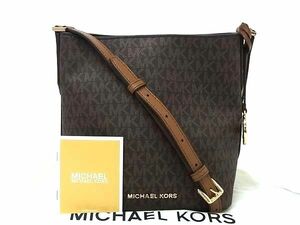 1円 ■新品同様■ MICHAEL KORS マイケルコース MK柄 PVC×レザー クロスボディ ショルダーバッグ 肩掛けかばん ブラウン系 AY2846