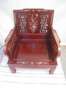 中国 木製 無垢 透彫 螺鈿 象嵌 椅子 チェア 応接 花 アンティーク 時代不明