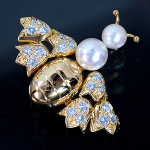 F1182【Dior】ディオール 蜂 天然純正ダイヤモンド 美しいアコヤ真珠６．９～５．４mm 最高級18金無垢セレブリティブローチ