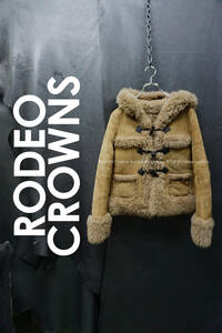 RODEO CROWNS リアルムートン ダッフルコート ショート丈 フリーサイズ 羊毛皮 ボア ファー ジャケット フード付き ロデオクラウンズ