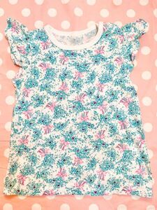 ユニクロ100サイズ「UT」ポール&ジョーコラボコレクションベビー半袖Tシャツ 袖フリル 3歳4歳女の子 水色花柄Tシャツ キッズブランドT