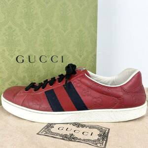 1円 【美品】 GUCCI グッチ 【王者の風格】 メンズ スニーカー ローカット 靴 エース GG柄 シマレザー シェリーライン 赤 6 1/2 25.5cm相当