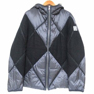 美品 MONCLER GAMME BLEU モンクレール ガムブルー アーガイル柄 切り替え ジップアップ フーディー ダウンジャケット 3 グレー×ブラック