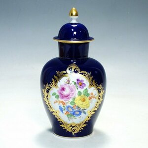 2304004【MEISSEN マイセン】コバルト ベーシックフラワー 5つ花 蓋付 小壺 花器 花入 花瓶 置物