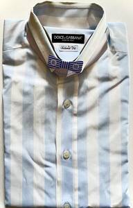 ■ DOLCE&GABBANA ドルチェ&ガッバーナ タイニーカラー ダブルネックボタン 水色ボールドストライプ スタンドカラードレスシャツ