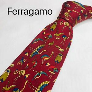 Ferragamoフェラガモ　ネクタイ　ハイブランド　鳥柄　ワインレッド　高級シルク100%