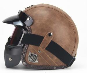 ハーレーヘルメット バイクヘルメット ジェットヘルメット PUレザー バイザー付き ゴーグル マスク付 カラー:D サイズ:XXL