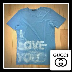 ★希少size M/定価約42,000円 美品 GUCCI メンズ グッチ デザイン ロゴ Tシャツ 半袖 イタリア製 青系 綿 プリント Tee/s l