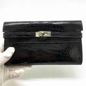 エルメス　ケリーウォレット アリゲーター　ブラック長財布 HERMES □M 黒