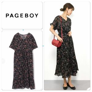 PAGEBOY レトロフラワーガウンワンピース 黒 花柄 ロングワンピース ガウン　19622