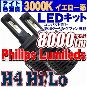 【3000K】フィリップスLEDキット 8000lm（左右計） H4 Hi/Lo 静音省スペースファン ヘッドライト フォグランプ 12V/24V