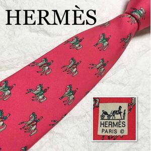 HERMES エルメス　ネクタイ　乗馬　騎乗する貴族　シルク100% フランス製　ピンク系