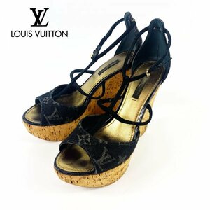 ★箱、冊子付き★LOUIS VUITTON ルイヴィトン モノグラムデニム コルクウェッジソール オープントゥ サンダル サイズ37.5(24.5cm) ブラック