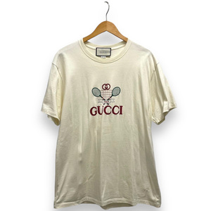 グッチ GUCCI 20SS Tシャツ 半袖 テニス刺繍 ロゴ L ベーシュ クリーム メンズ
