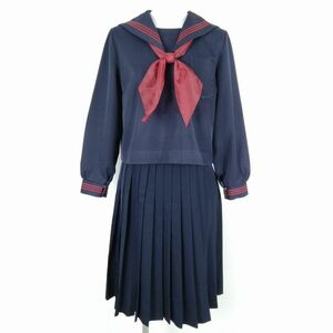 1円 セーラー服 スカート スカーフ 上下3点セット 160A 富士ヨット 冬物 赤3本線 女子 学生服 中学 高校 紺 制服 中古 ランクC NA0982